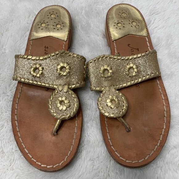 Jack Rogers Womens Gold Glitter Boho Leather Thong Jacks Flat Sandals Size 6 1/2 - Picture 1 of 14